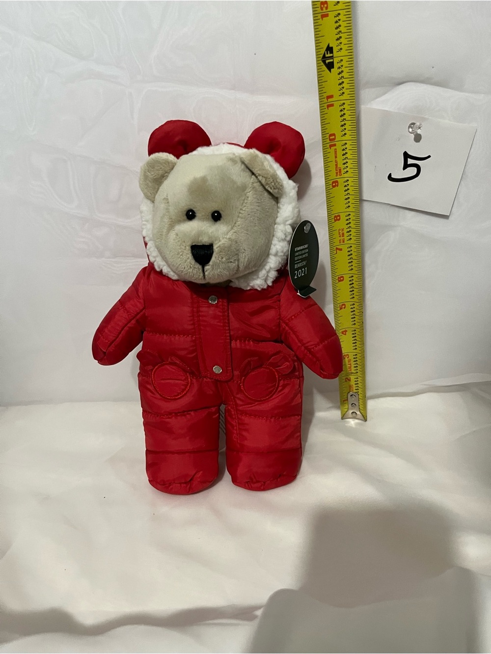 Starbucks 2011 Red & Cream Bear Plush in Snowsuit